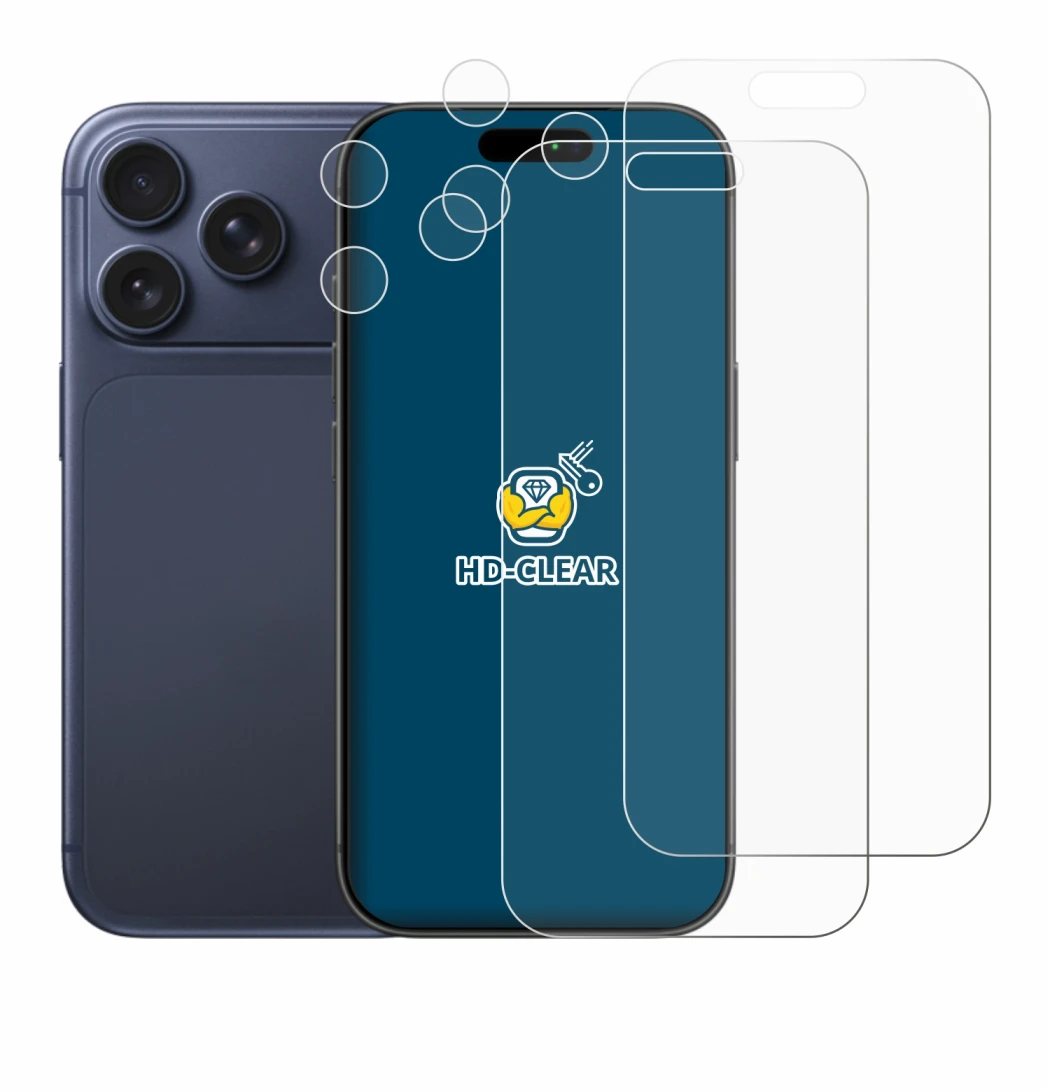 Abbildung des Geräts Apple iPhone 17 Pro (Display+Kamera) mit einer Vielzahl des Displayschutzes.