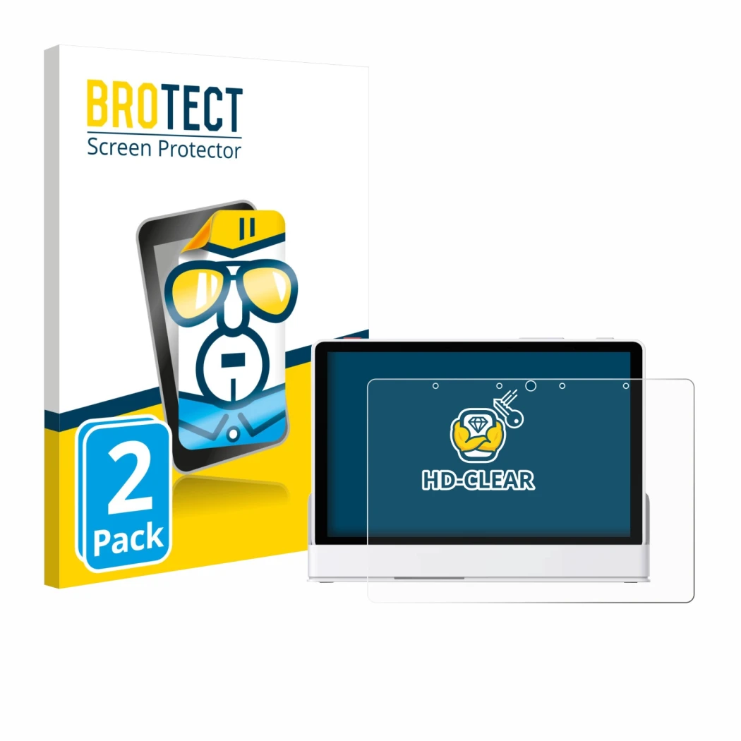 Vorderseite einer Produktverpackung mit dem Markenlogo BROTECT. Daneben ist das Gerät eufy Smart Display E10 mit dem zugehörig