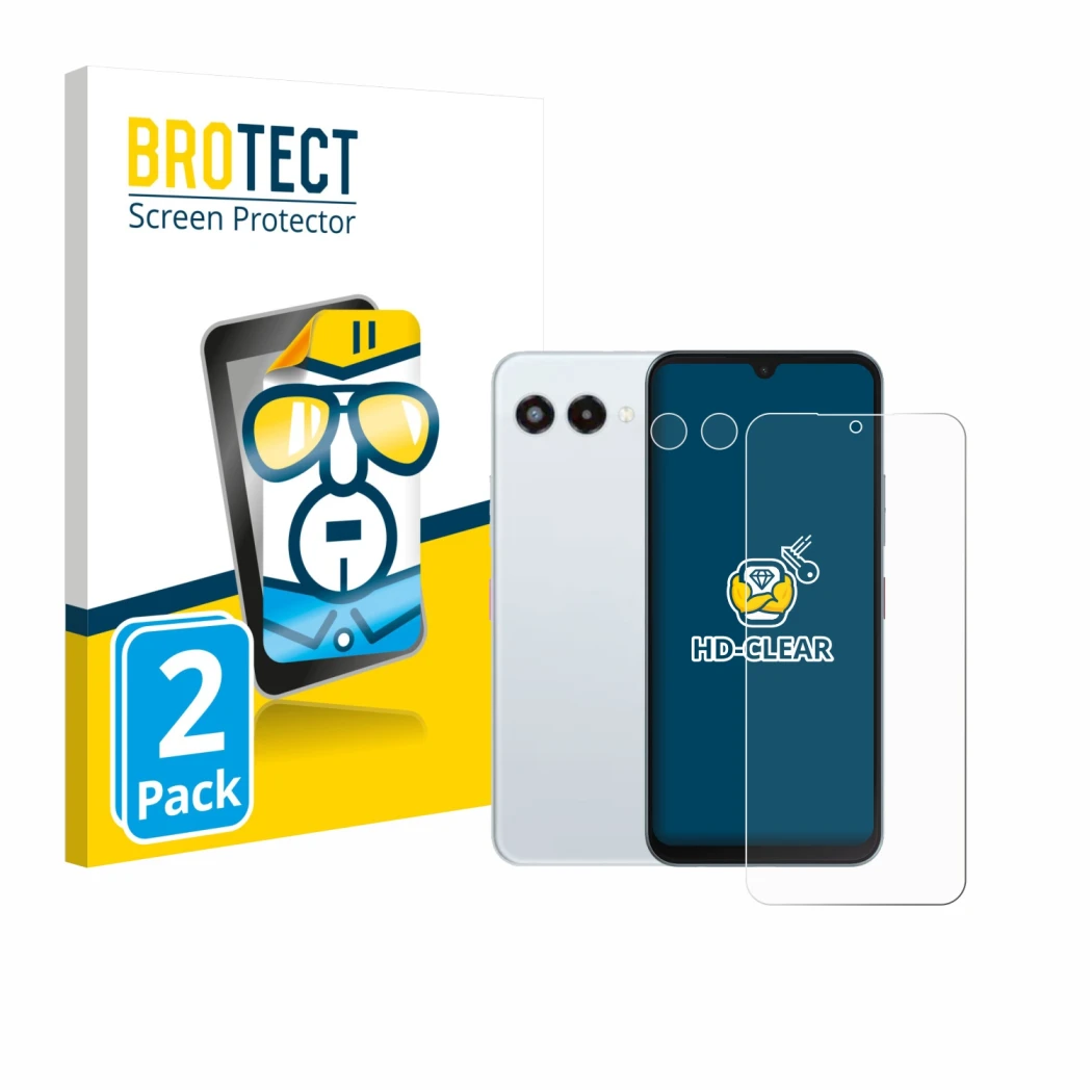 Vorderseite einer Produktverpackung mit dem Markenlogo BROTECT. Daneben ist das Gerät Telekom T Phone 3 (Display+Kamera) mit d