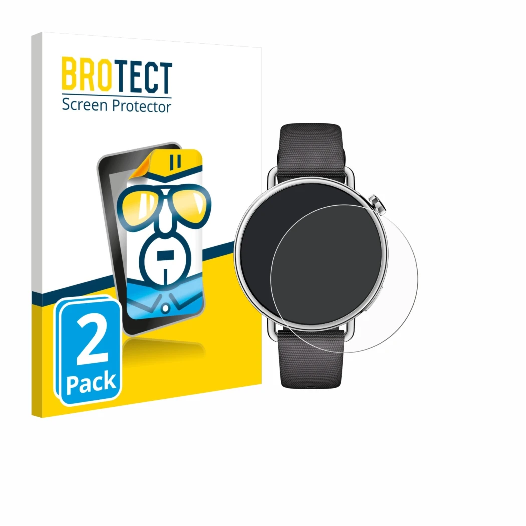 Vorderseite einer Produktverpackung mit dem Markenlogo BROTECT. Daneben ist das Gerät Xiaomi Watch S4 (41 mm) mit dem zugehöri