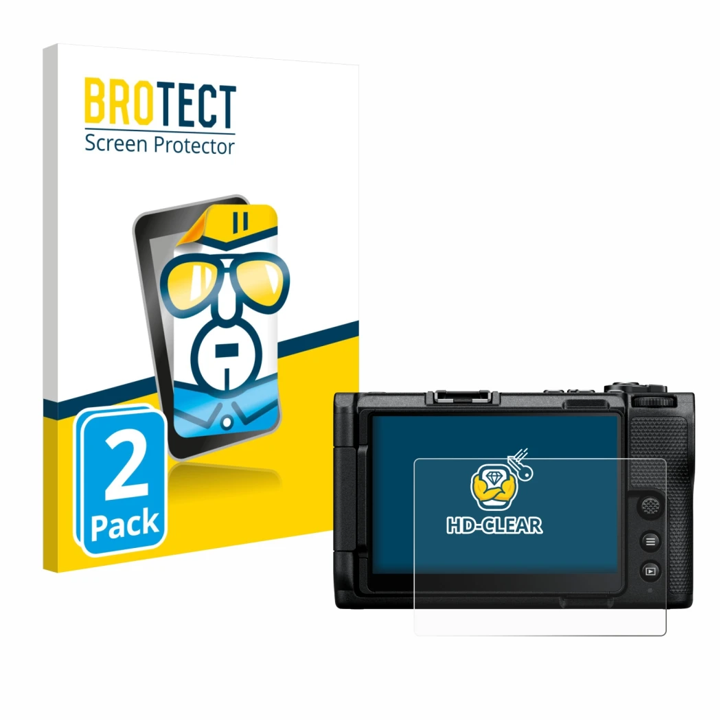 Vorderseite einer Produktverpackung mit dem Markenlogo BROTECT. Daneben ist das Gerät Nikon ZR mit dem zugehörigen Displayschu