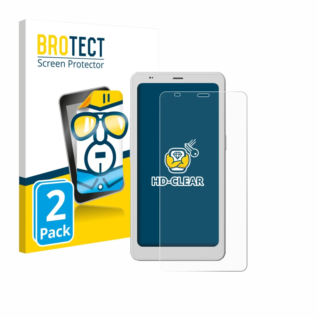 Vorderseite einer Produktverpackung mit dem Markenlogo BROTECT. Daneben ist das Gerät Boox Palma 2 Pro mit dem zugehörigen Dis