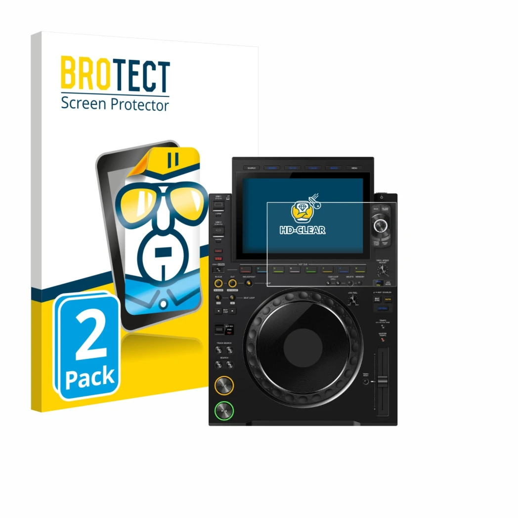 Vorderseite einer Produktverpackung mit dem Markenlogo BROTECT. Daneben ist das Gerät Pioneer CDJ 3000X mit dem zugehörigen Di