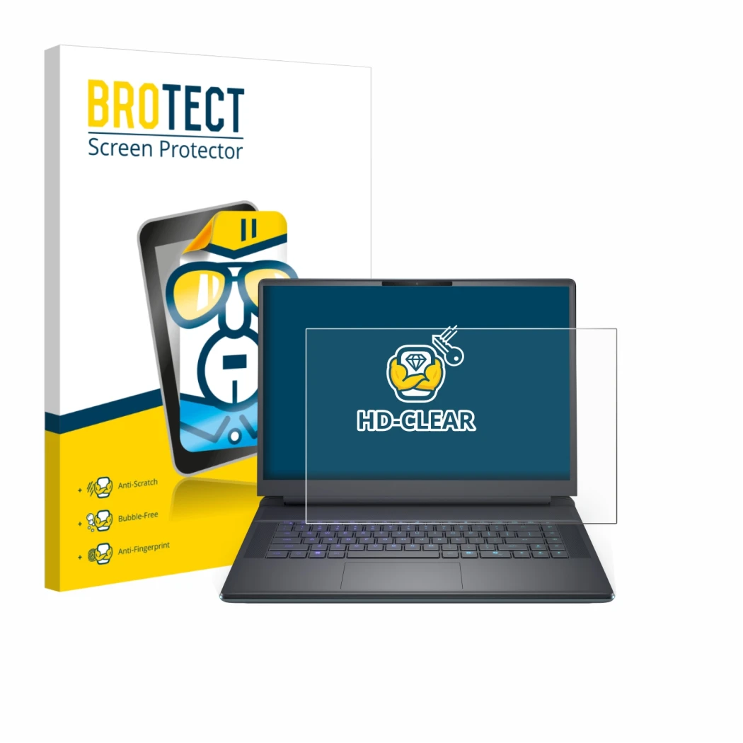 Vorderseite einer Produktverpackung mit dem Markenlogo BROTECT. Daneben ist das Gerät Dell Alienware 16 Area-51 mit dem zugehö