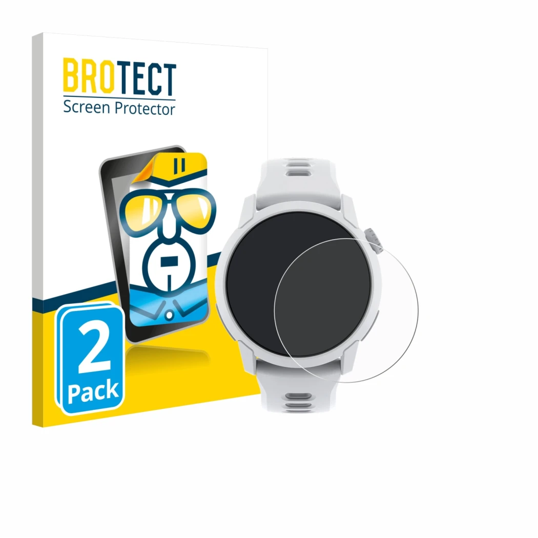 Vorderseite einer Produktverpackung mit dem Markenlogo BROTECT. Daneben ist das Gerät Coros Pace 4 mit dem zugehörigen Display