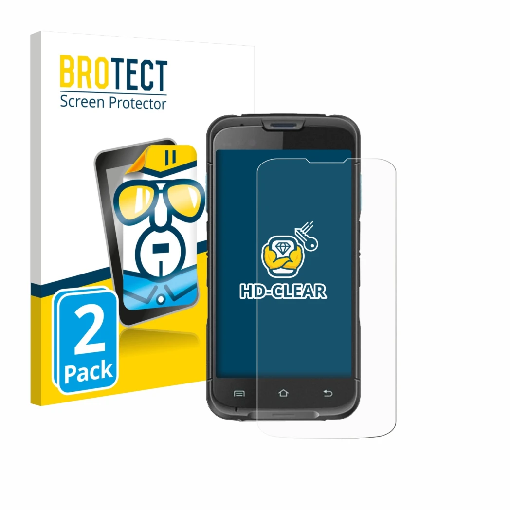 Vorderseite einer Produktverpackung mit dem Markenlogo BROTECT. Daneben ist das Gerät Unitech EA602 mit dem zugehörigen Displa