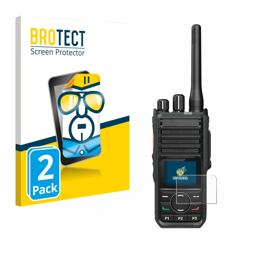 Vorderseite einer Produktverpackung mit dem Markenlogo BROTECT. Daneben ist das Gerät Hytera HP565 mit dem zugehörigen Display