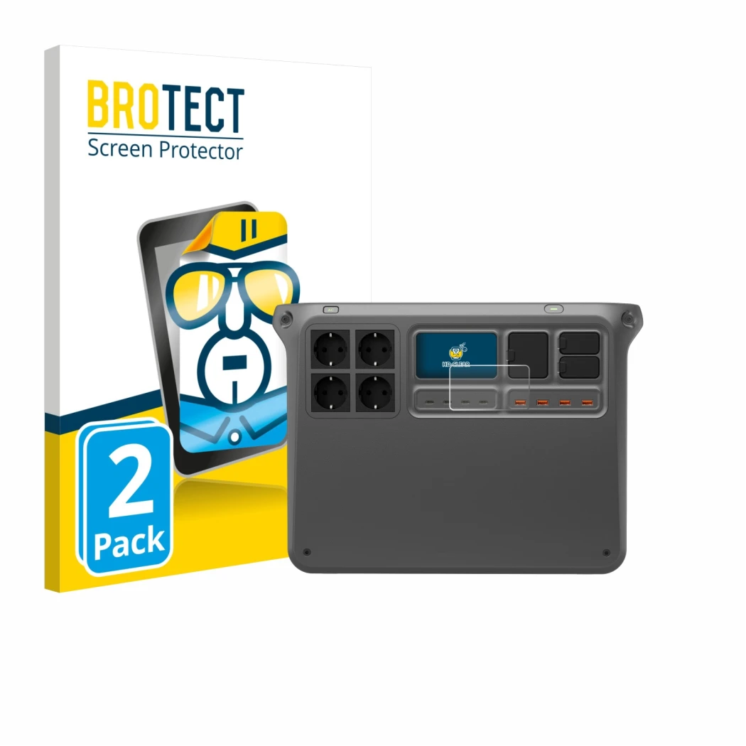 Vorderseite einer Produktverpackung mit dem Markenlogo BROTECT. Daneben ist das Gerät DJI Power 2000 mit dem zugehörigen Displ