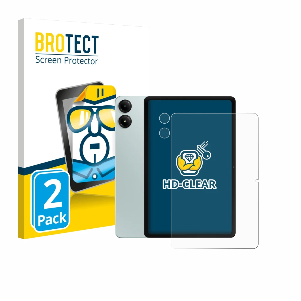 Vorderseite einer Produktverpackung mit dem Markenlogo BROTECT. Daneben ist das Gerät Xiaomi Redmi Pad Pro (Display+Kamera) mi