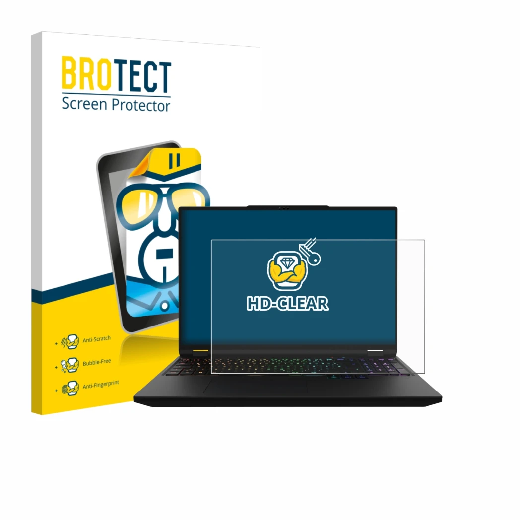 Vorderseite einer Produktverpackung mit dem Markenlogo BROTECT. Daneben ist das Gerät XMG Apex 16 Max mit dem zugehörigen Disp