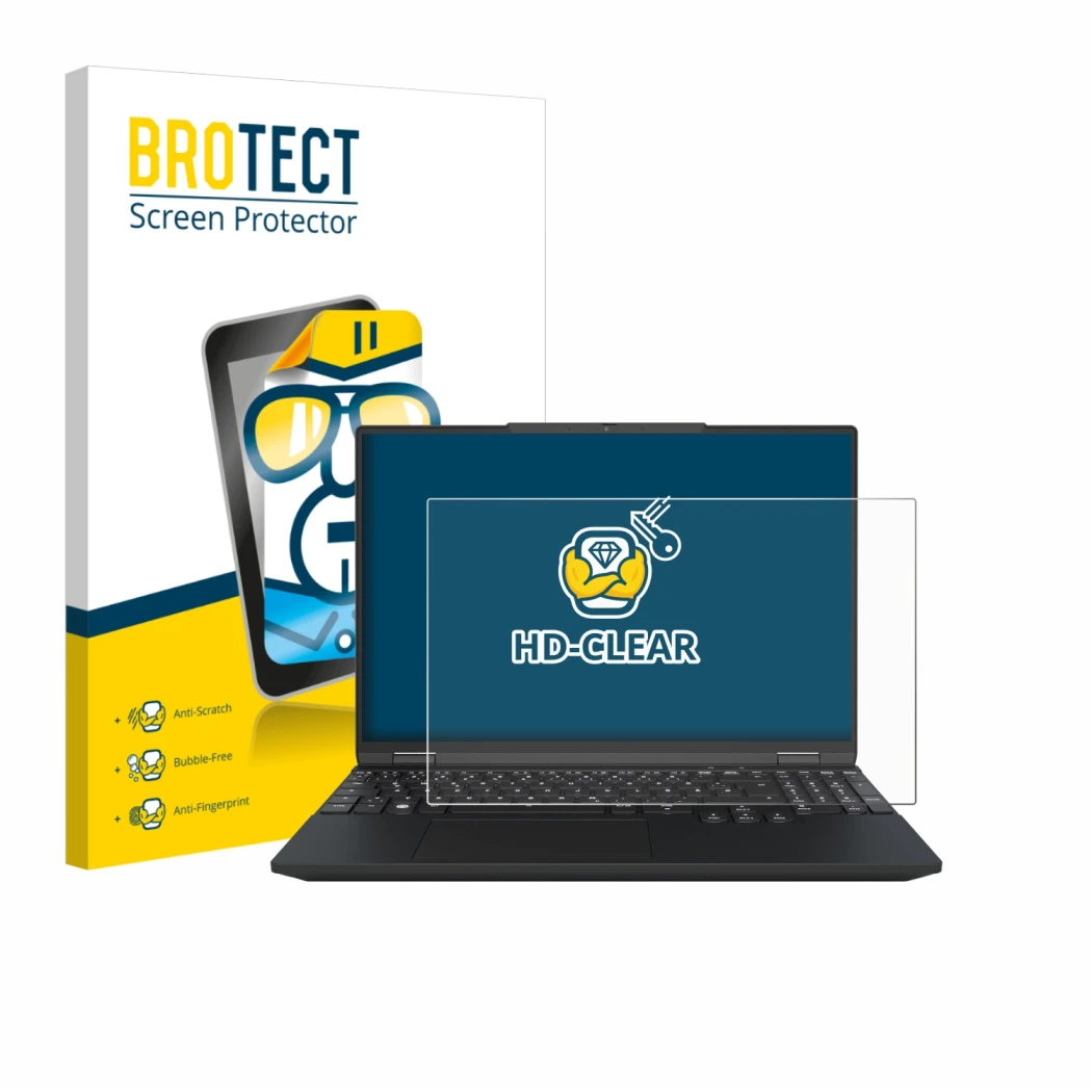 Vorderseite einer Produktverpackung mit dem Markenlogo BROTECT. Daneben ist das Gerät Tuxedo InfinityBook Max 15 Gen 10 mit de