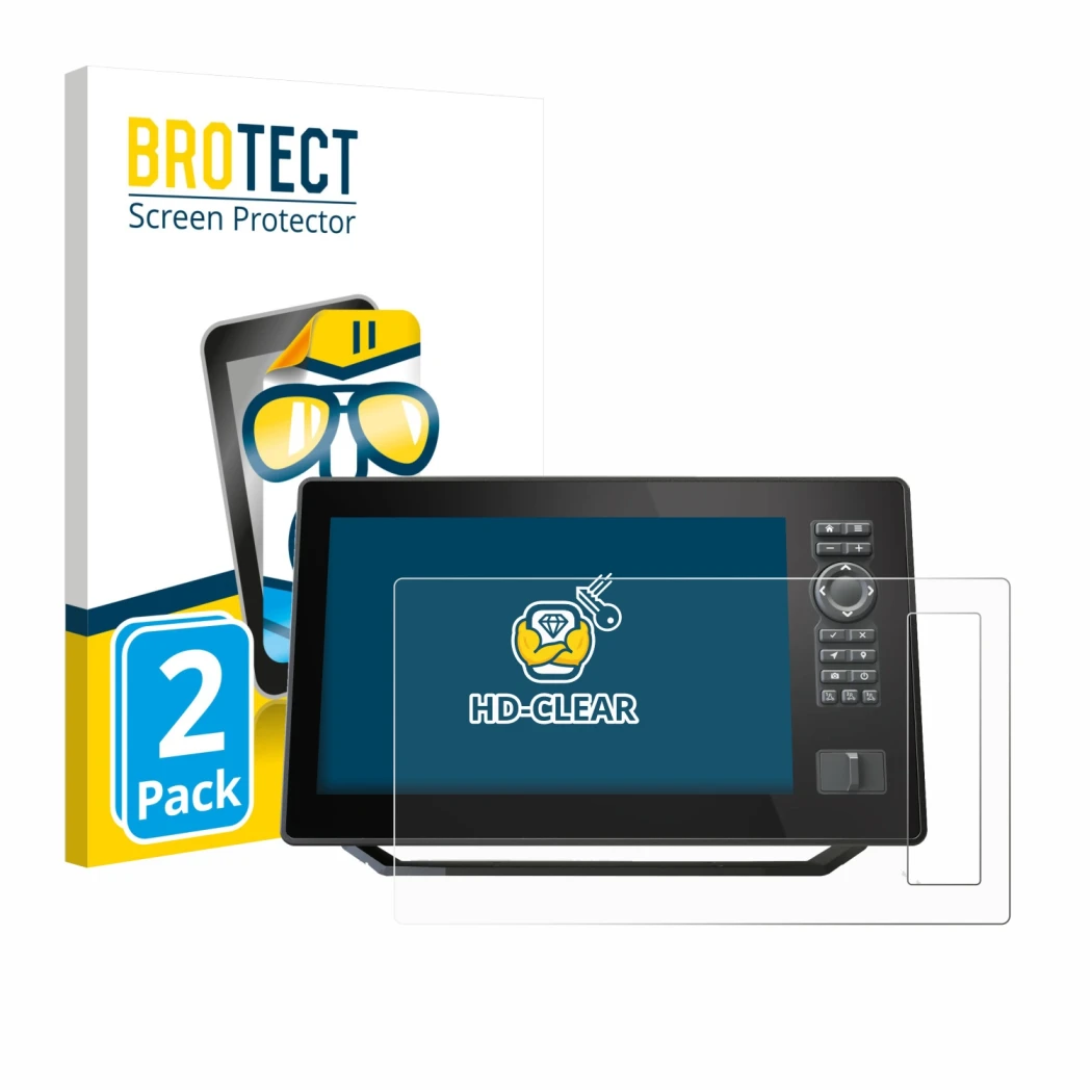 Vorderseite einer Produktverpackung mit dem Markenlogo BROTECT. Daneben ist das Gerät Humminbird Xplore 9 mit dem zugehörigen