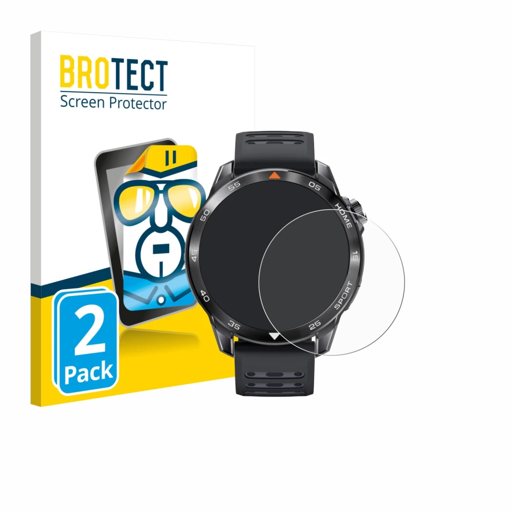 Vorderseite einer Produktverpackung mit dem Markenlogo BROTECT. Daneben ist das Gerät Xiaomi Mibro GS Pro 2 mit dem zugehörige