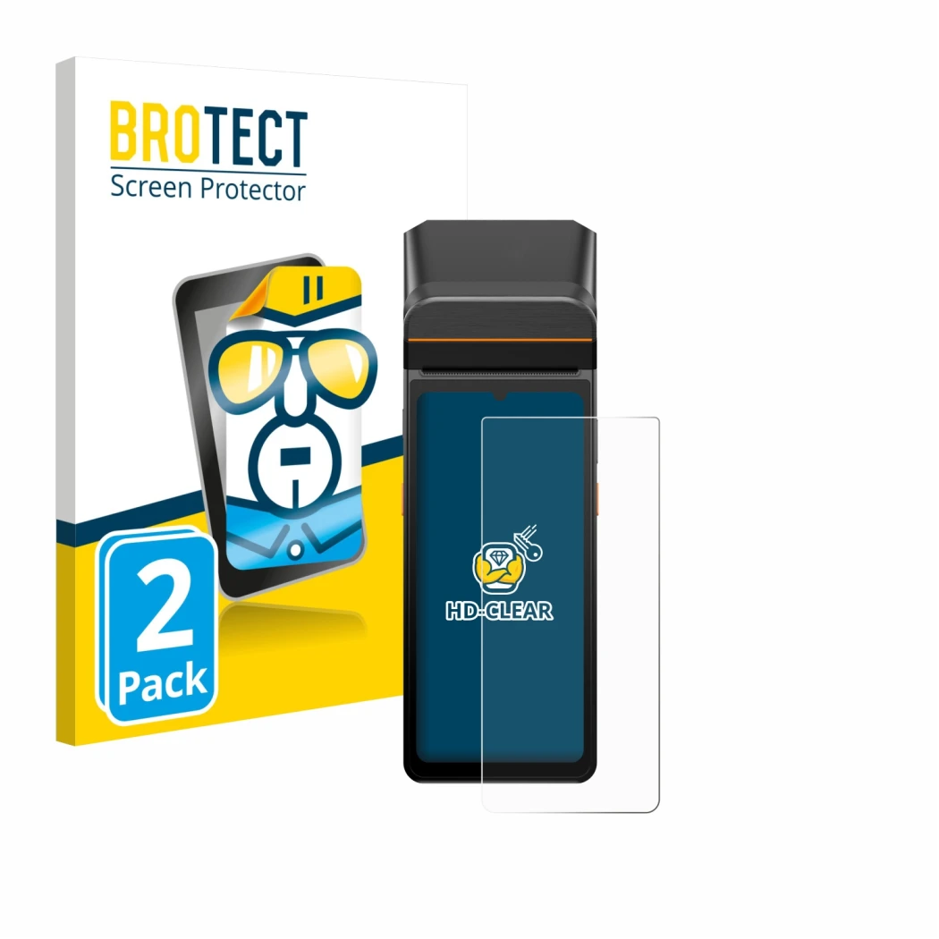 Vorderseite einer Produktverpackung mit dem Markenlogo BROTECT. Daneben ist das Gerät Sunmi V3 A13 mit dem zugehörigen Display