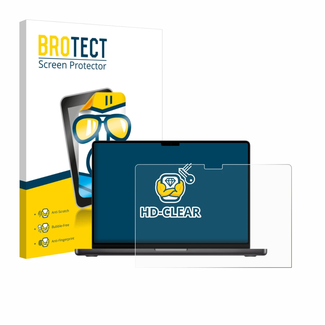 Vorderseite einer Produktverpackung mit dem Markenlogo BROTECT. Daneben ist das Gerät Apple MacBook Pro 14