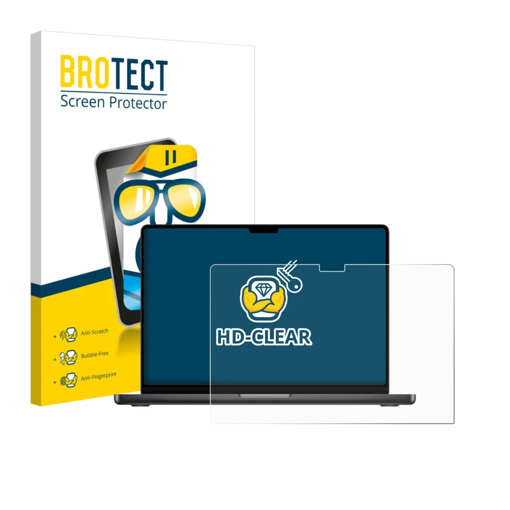 Vorderseite einer Produktverpackung mit dem Markenlogo BROTECT. Daneben ist das Gerät Apple MacBook Pro 16