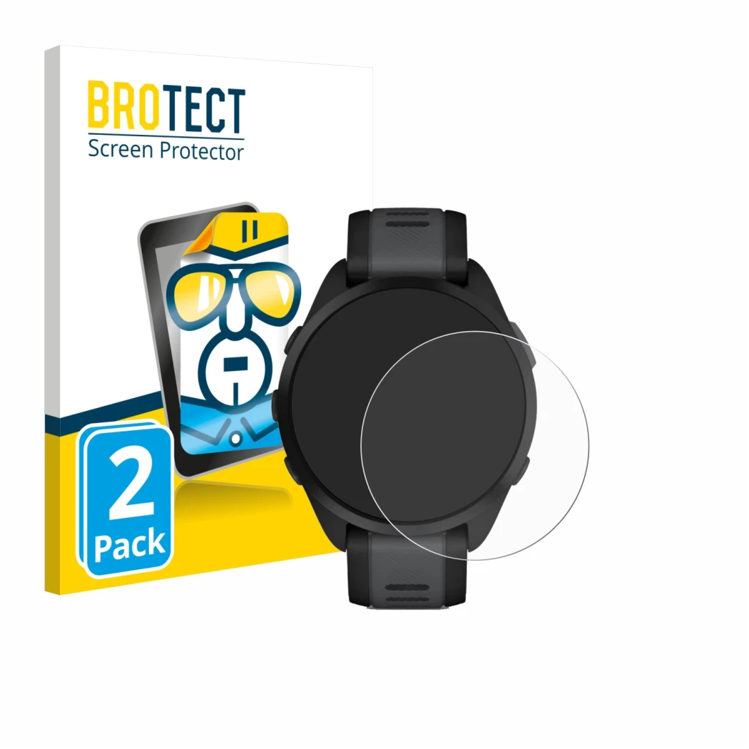 Vorderseite einer Produktverpackung mit dem Markenlogo BROTECT. Daneben ist das Gerät Garmin Forerunner 165 Music mit dem zuge