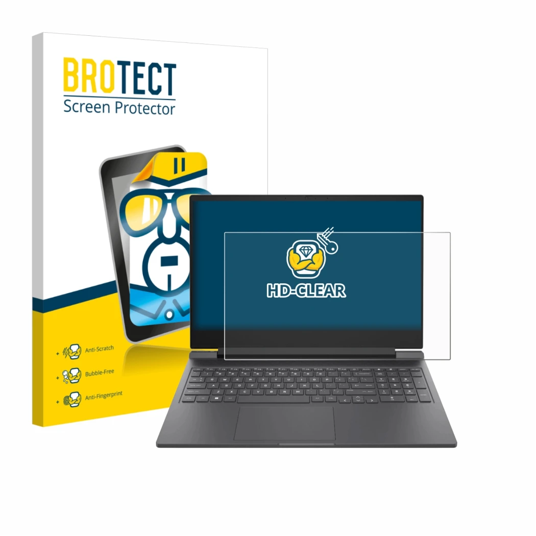 Vorderseite einer Produktverpackung mit dem Markenlogo BROTECT. Daneben ist das Gerät HP Victus 16-r0024nf mit dem zugehörigen