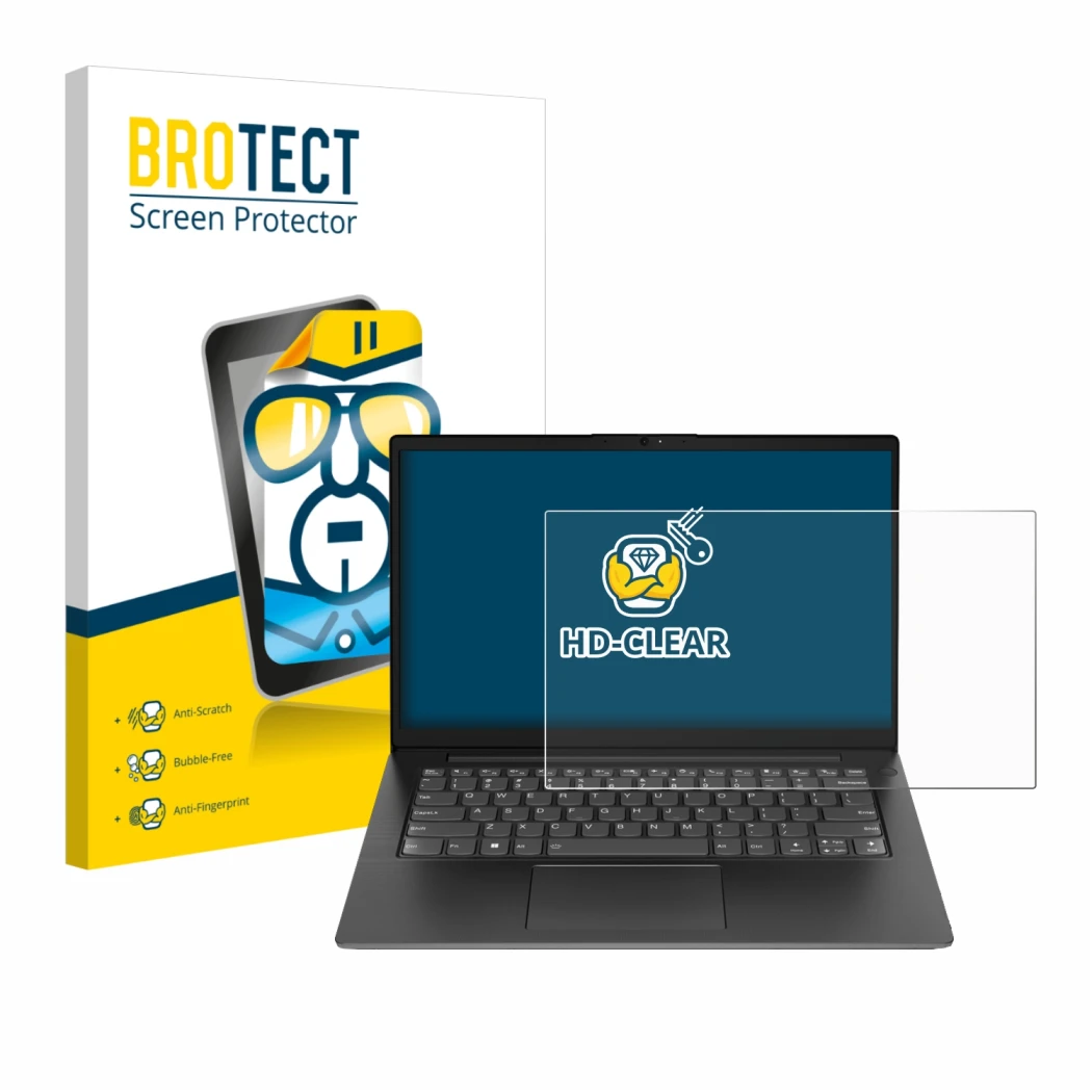 Vorderseite einer Produktverpackung mit dem Markenlogo BROTECT. Daneben ist das Gerät Lenovo V14 Gen 5 mit dem zugehörigen Dis