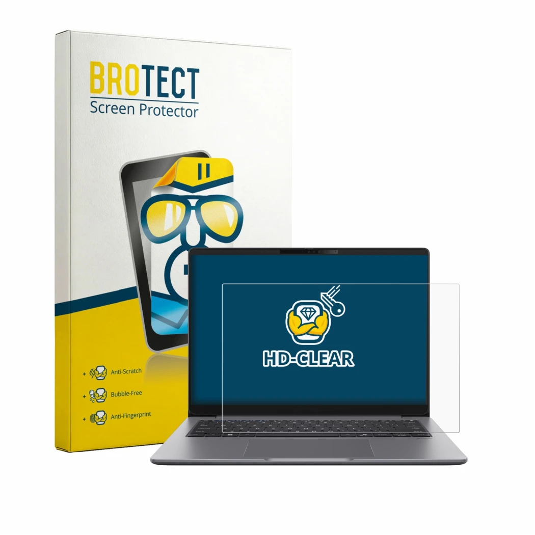 Vorderseite einer Produktverpackung mit dem Markenlogo BROTECT. Daneben ist das Gerät ASUS ExpertBook PM3 mit dem zugehörigen