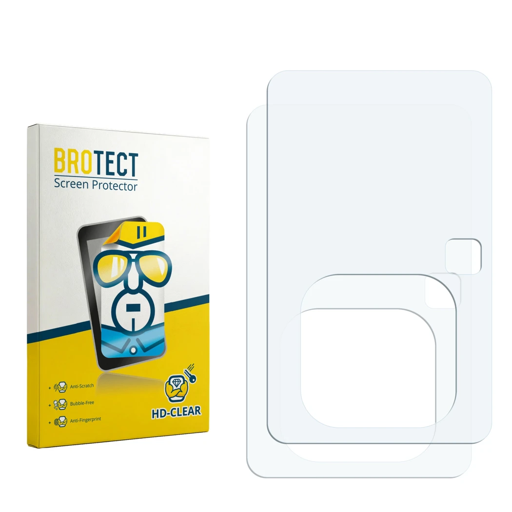 Vorderseite einer Produktverpackung mit dem Markenlogo BROTECT. Daneben ist der zugehörige Displayschutz.