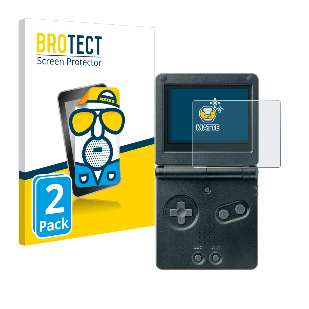 Vorderseite einer Produktverpackung mit dem Markenlogo BROTECT. Daneben ist das Gerät Nintendo Gameboy Advance GBA SP mit dem 