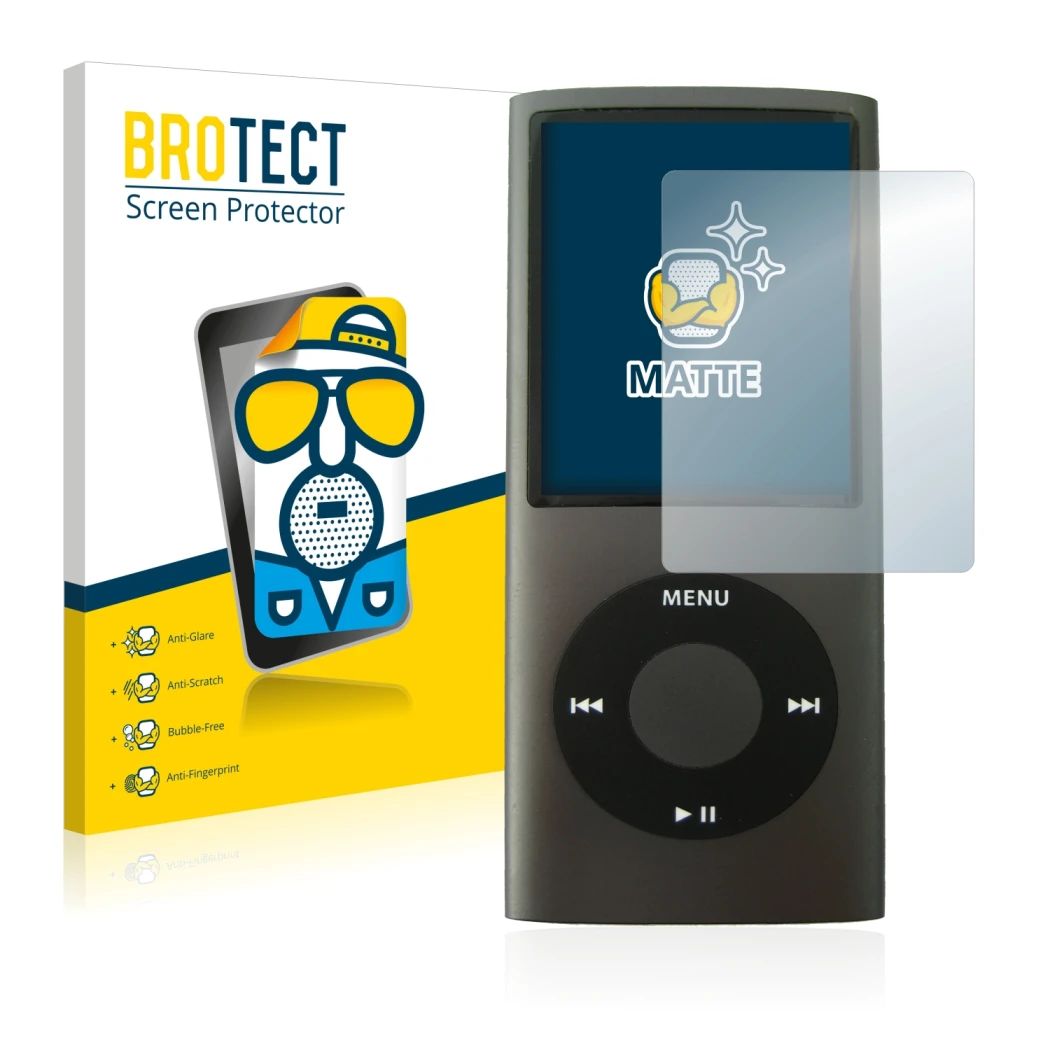 Vorderseite einer Produktverpackung mit dem Markenlogo BROTECT. Daneben ist das Gerät Apple iPod nano (4. Gen.) mit dem zugehö