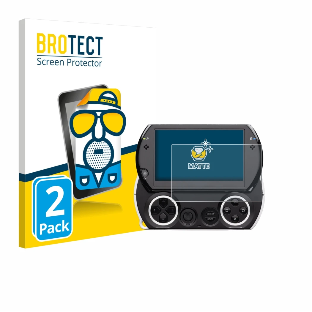 Vorderseite einer Produktverpackung mit dem Markenlogo BROTECT. Daneben ist das Gerät Sony PSP Go mit dem zugehörigen Displays