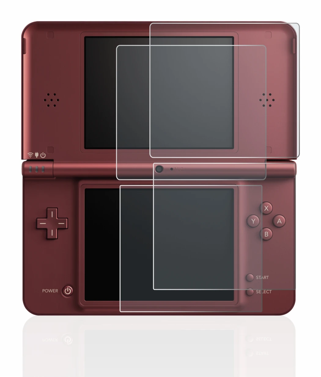 Abbildung des Geräts Nintendo DSi XL mit einer Vielzahl des Displayschutzes.