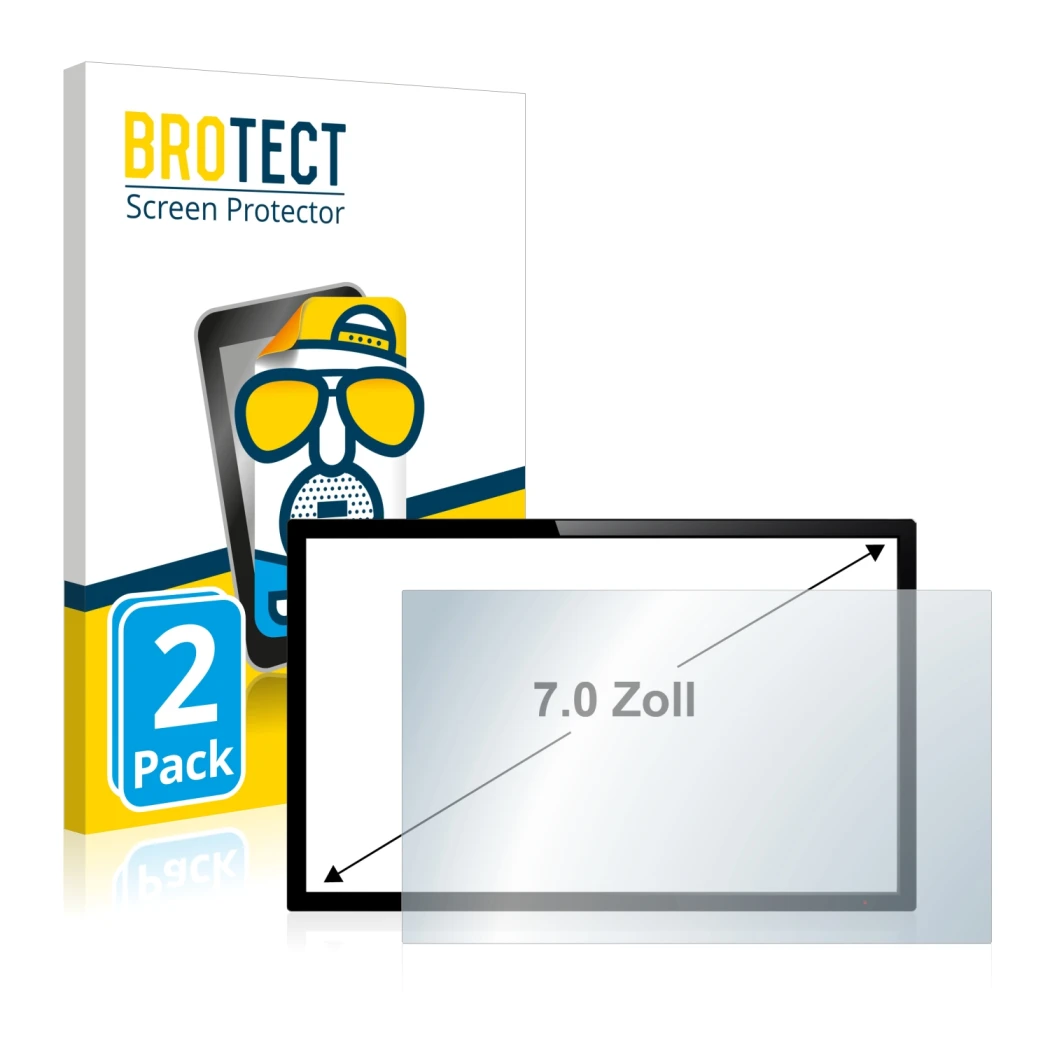 Vorderseite einer Produktverpackung mit dem Markenlogo BROTECT. Daneben ist das Gerät mit dem zugehörigen Displayschutz abgebi