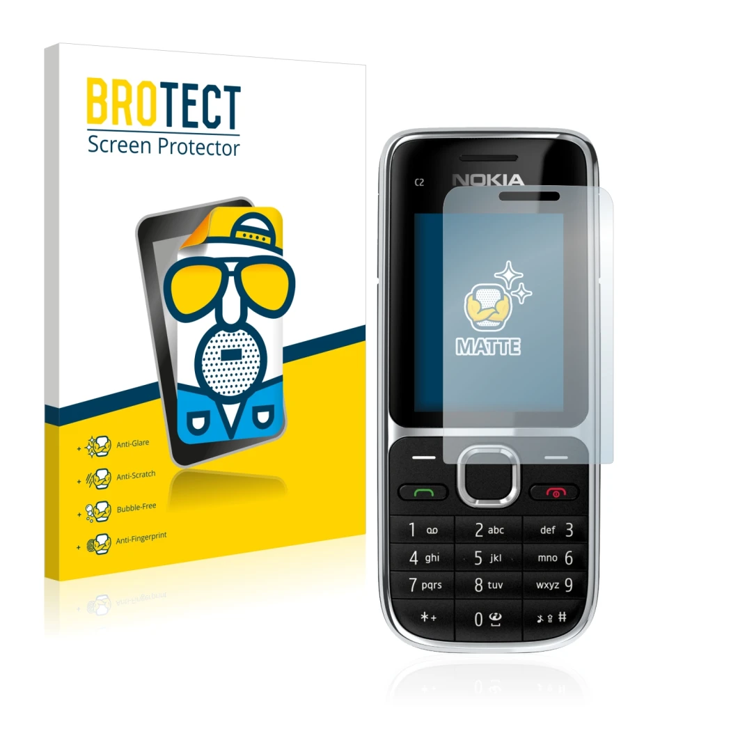 Vorderseite einer Produktverpackung mit dem Markenlogo BROTECT. Daneben ist das Gerät Nokia C2-01 mit dem zugehörigen Displays