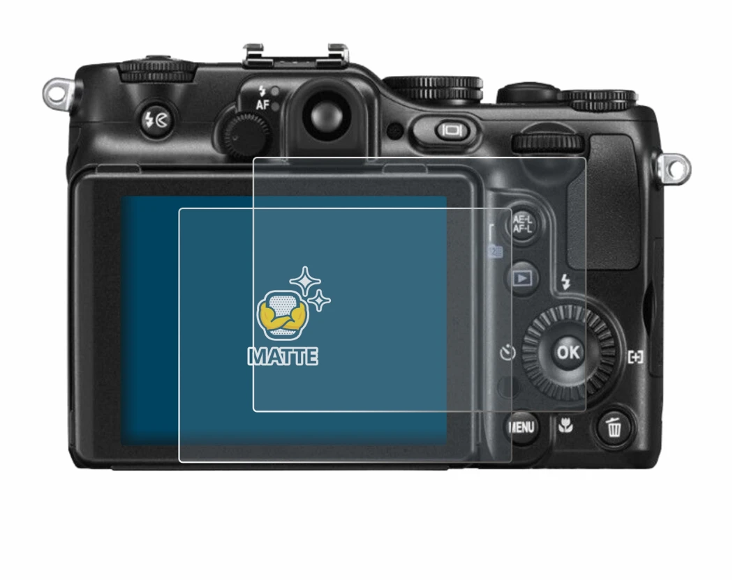 Abbildung des Geräts Nikon Coolpix P7100 mit einer Vielzahl des Displayschutzes.