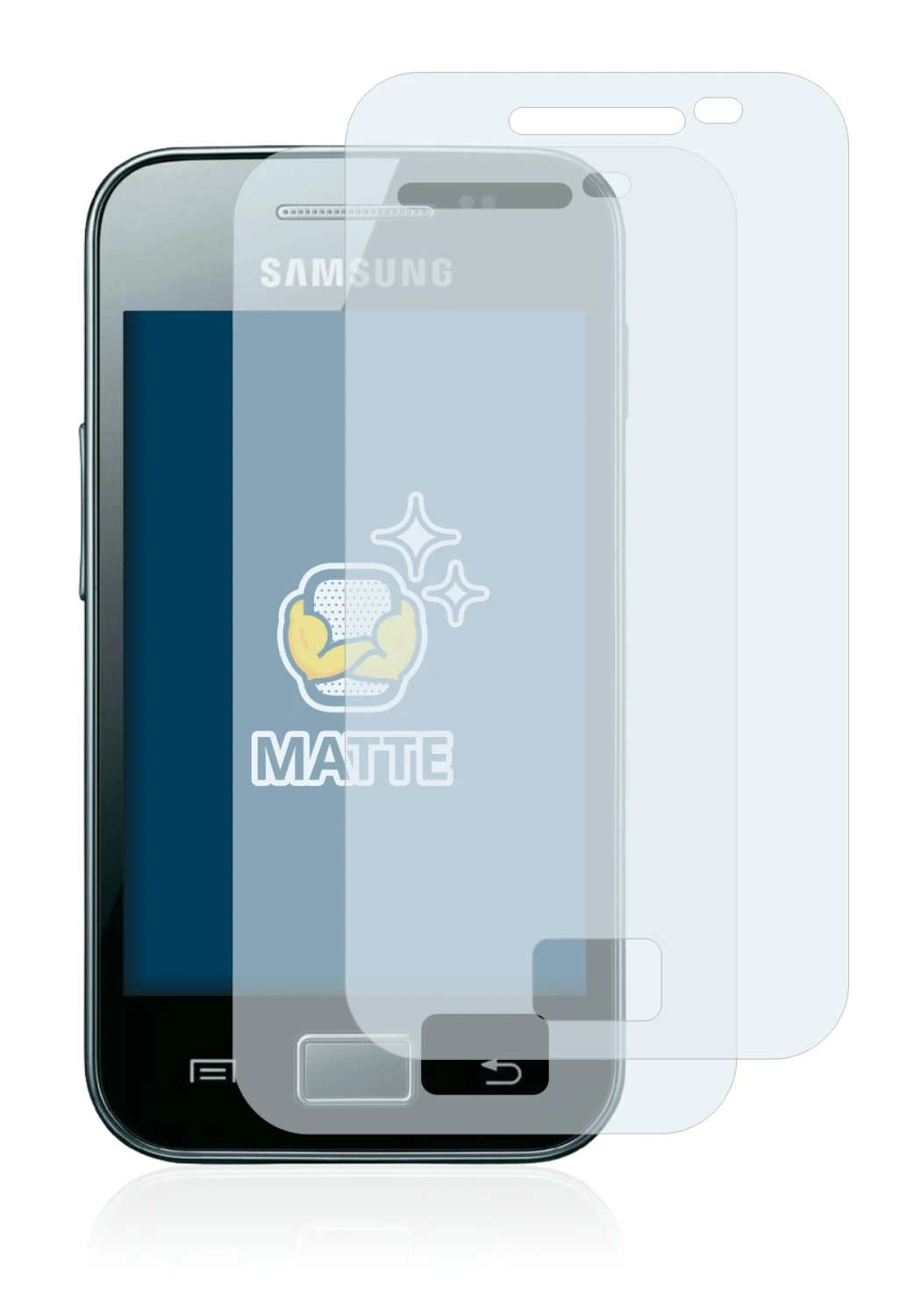 Abbildung des Geräts Samsung Galaxy Ace S5830i mit einer Vielzahl des Displayschutzes.