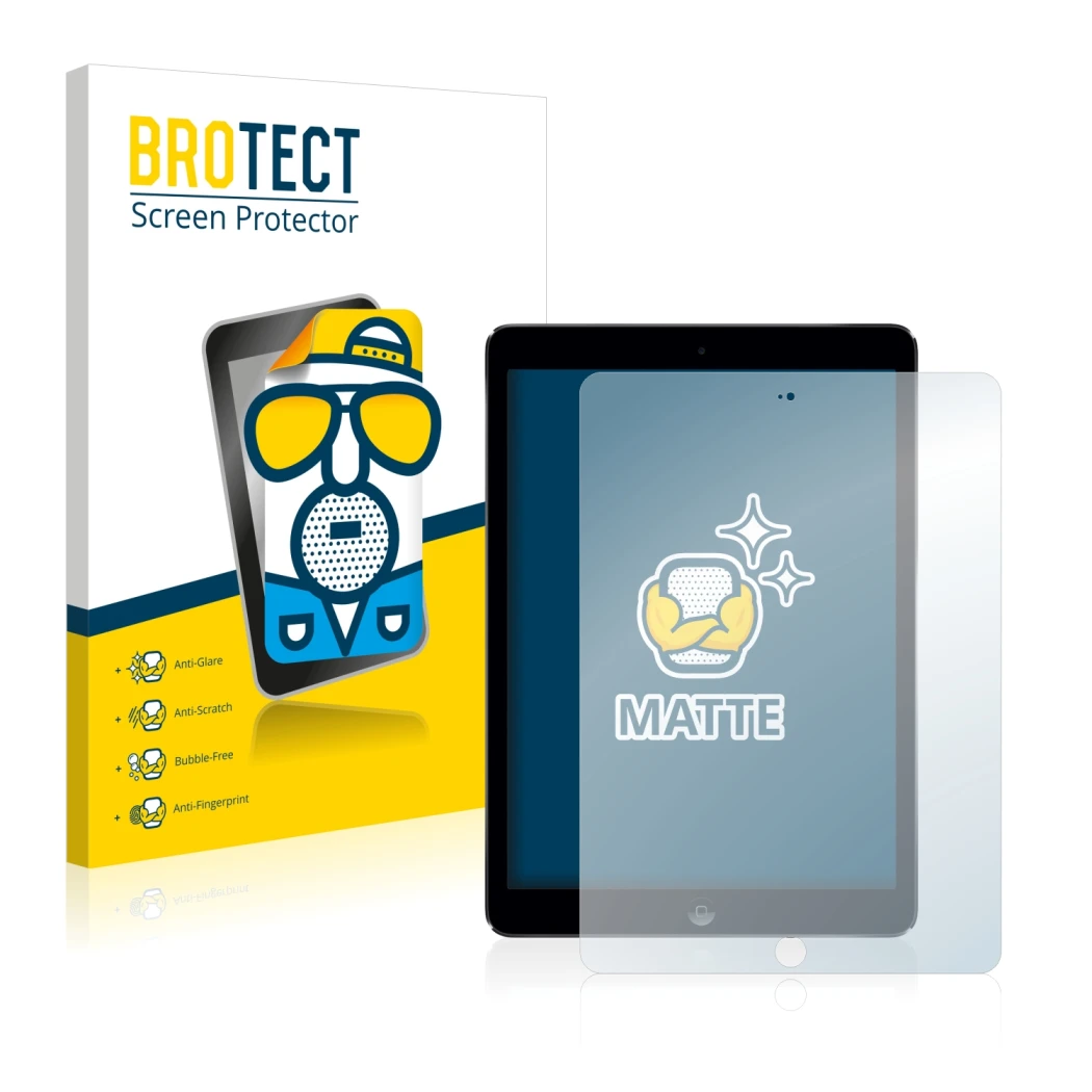 Vorderseite einer Produktverpackung mit dem Markenlogo BROTECT. Daneben ist das Gerät Apple iPad Air 2013 mit dem zugehörigen