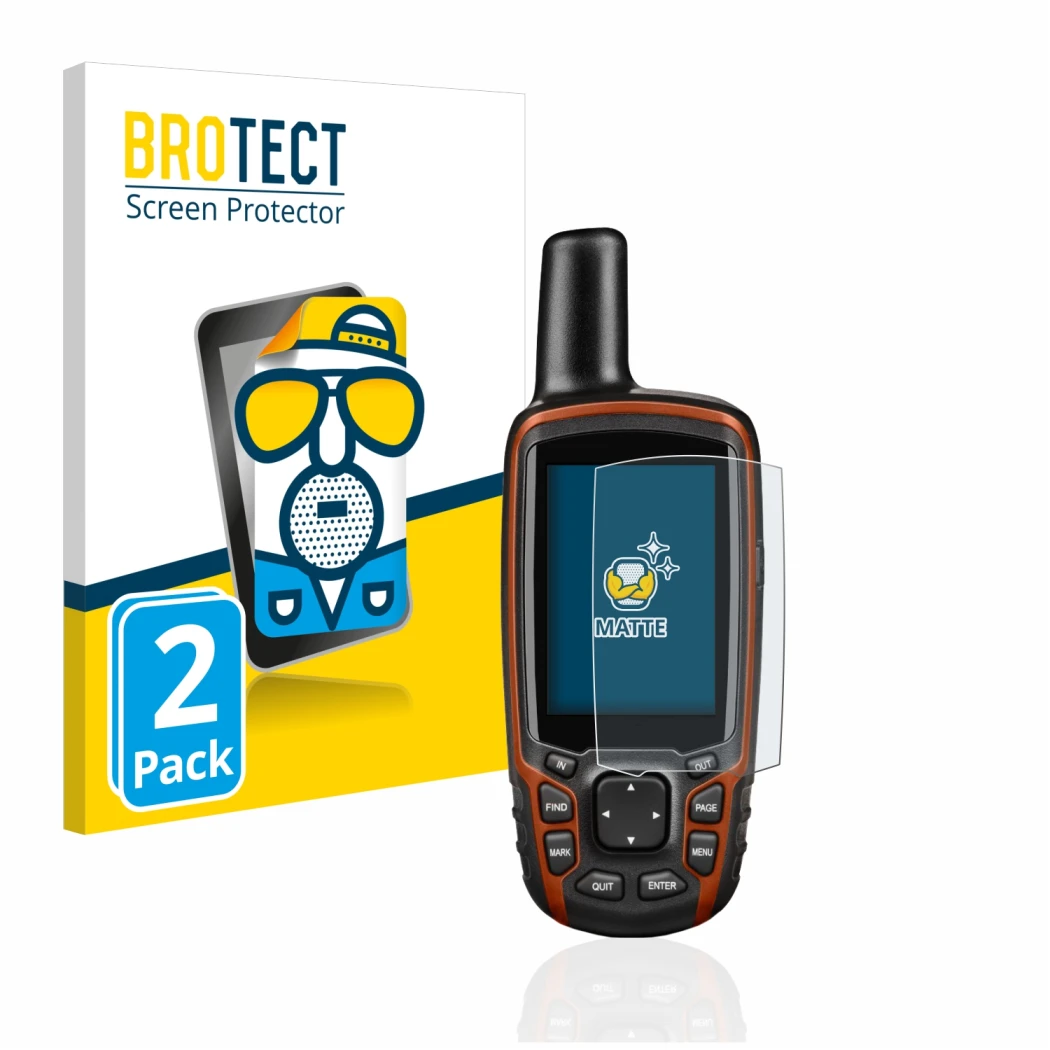 Vorderseite einer Produktverpackung mit dem Markenlogo BROTECT. Daneben ist das Gerät Garmin GPSMAP 64s mit dem zugehörigen Di