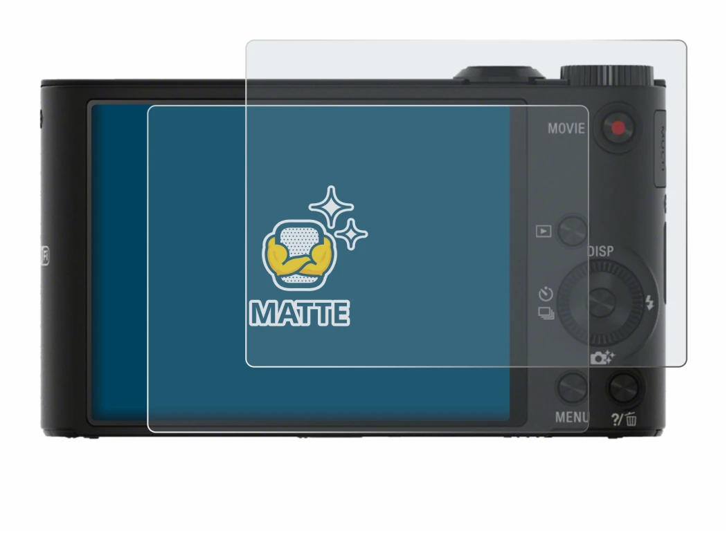 Abbildung des Geräts Sony Cyber-Shot DSC-WX350 mit einer Vielzahl des Displayschutzes.