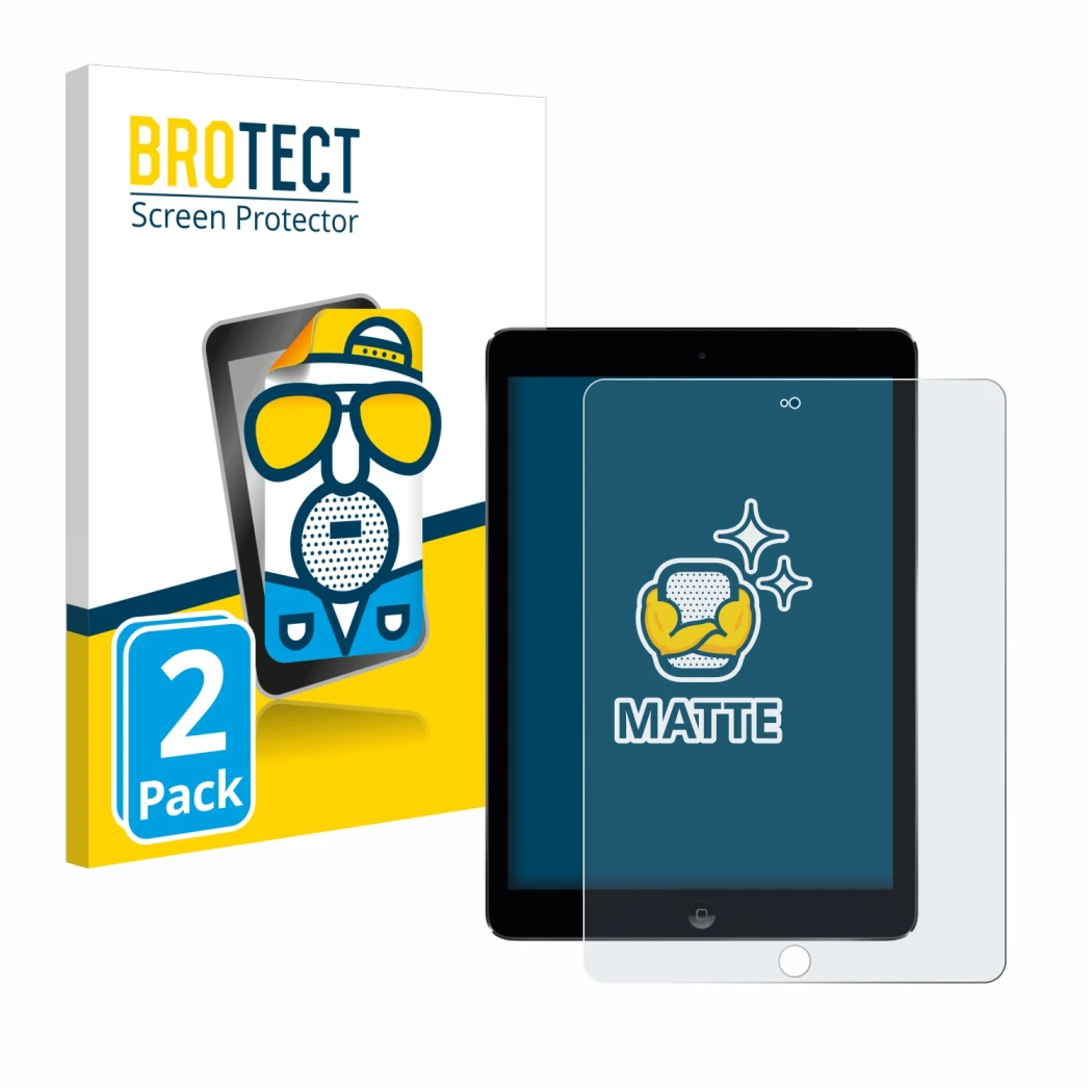 Vorderseite einer Produktverpackung mit dem Markenlogo BROTECT. Daneben ist das Gerät Apple iPad Air 2 2014 mit dem zugehörige