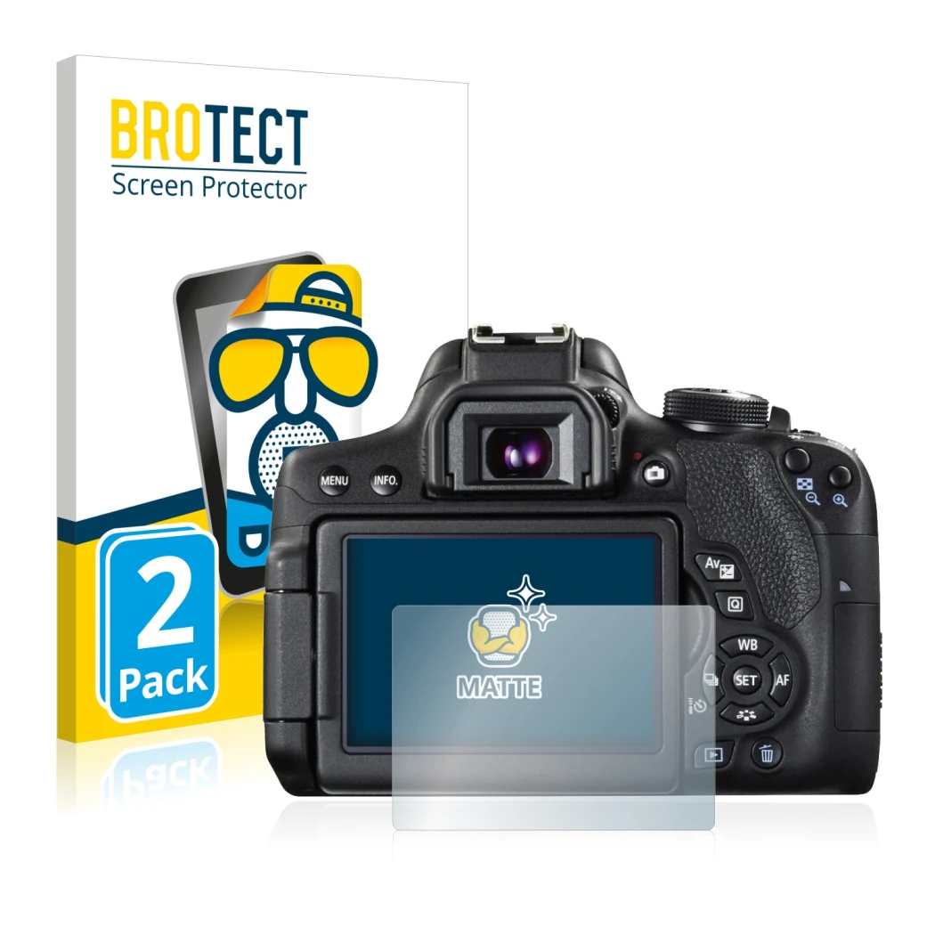 Vorderseite einer Produktverpackung mit dem Markenlogo BROTECT. Daneben ist das Gerät Canon EOS 750D mit dem zugehörigen Displ