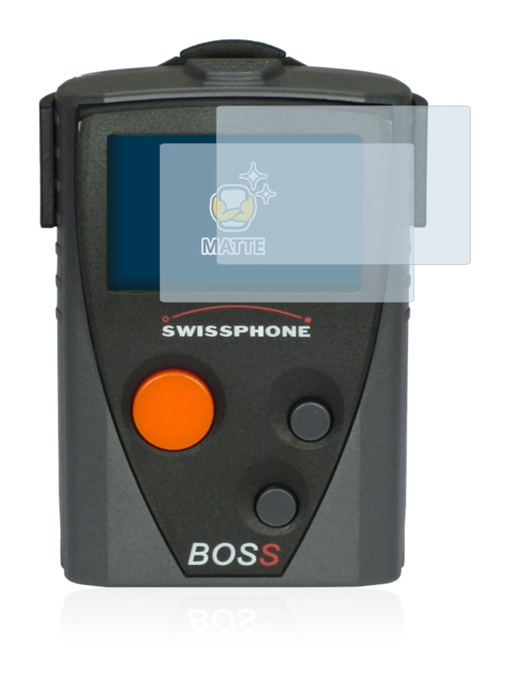 Abbildung des Geräts Swissphone Boss 910 mit einer Vielzahl des Displayschutzes.