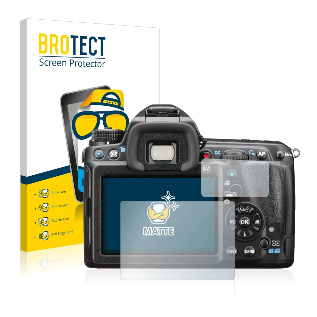 Vorderseite einer Produktverpackung mit dem Markenlogo BROTECT. Daneben ist das Gerät Pentax K-3 II mit dem zugehörigen Displa