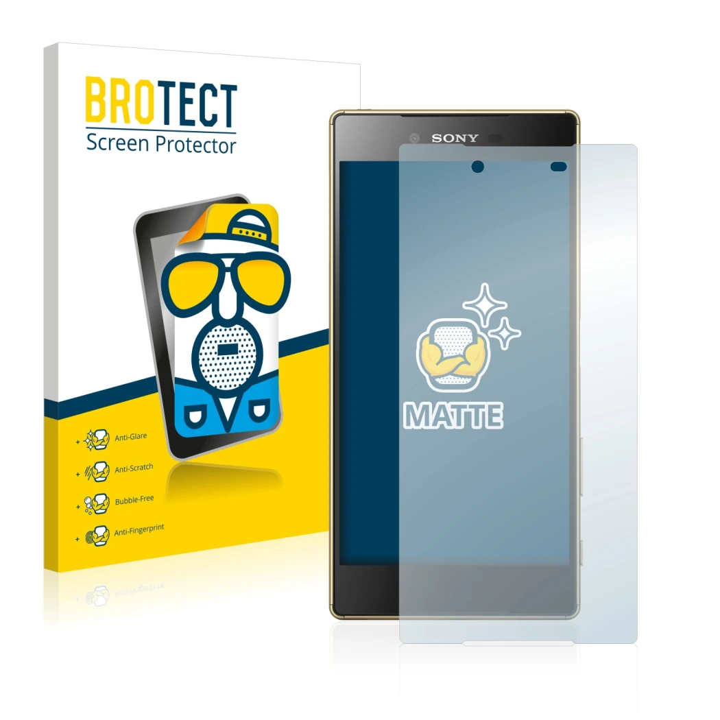 Vorderseite einer Produktverpackung mit dem Markenlogo BROTECT. Daneben ist das Gerät Sony Xperia Z5 Premium mit dem zugehörig