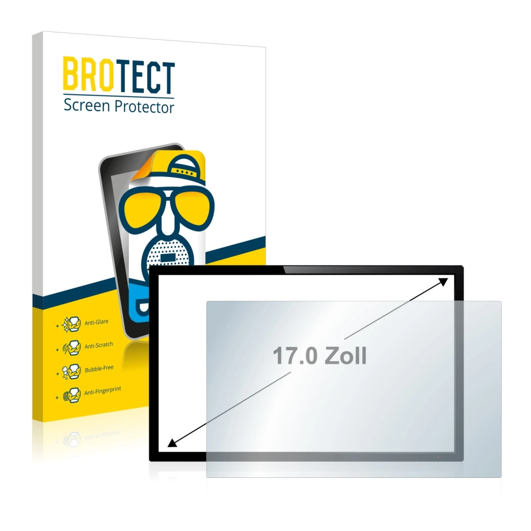 Vorderseite einer Produktverpackung mit dem Markenlogo BROTECT. Daneben ist das Gerät mit dem zugehörigen Displayschutz abgebi