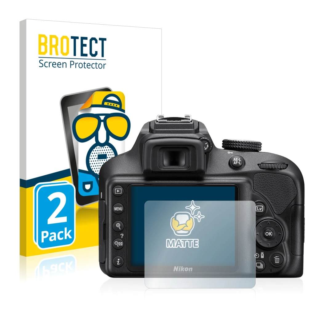 Vorderseite einer Produktverpackung mit dem Markenlogo BROTECT. Daneben ist das Gerät Nikon D3400 mit dem zugehörigen Displays