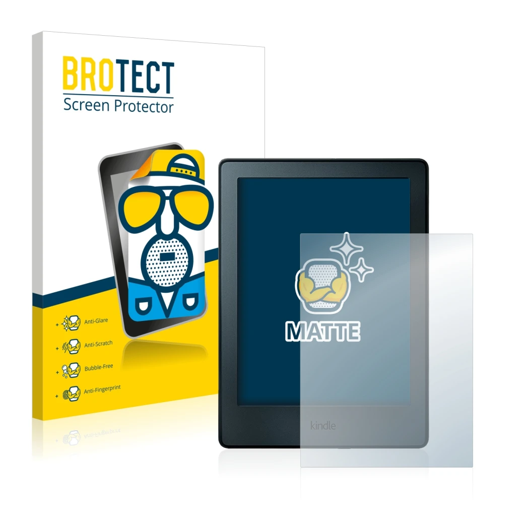 Vorderseite einer Produktverpackung mit dem Markenlogo BROTECT. Daneben ist das Gerät Amazon Kindle 2016 (8. Gen.) mit dem zug