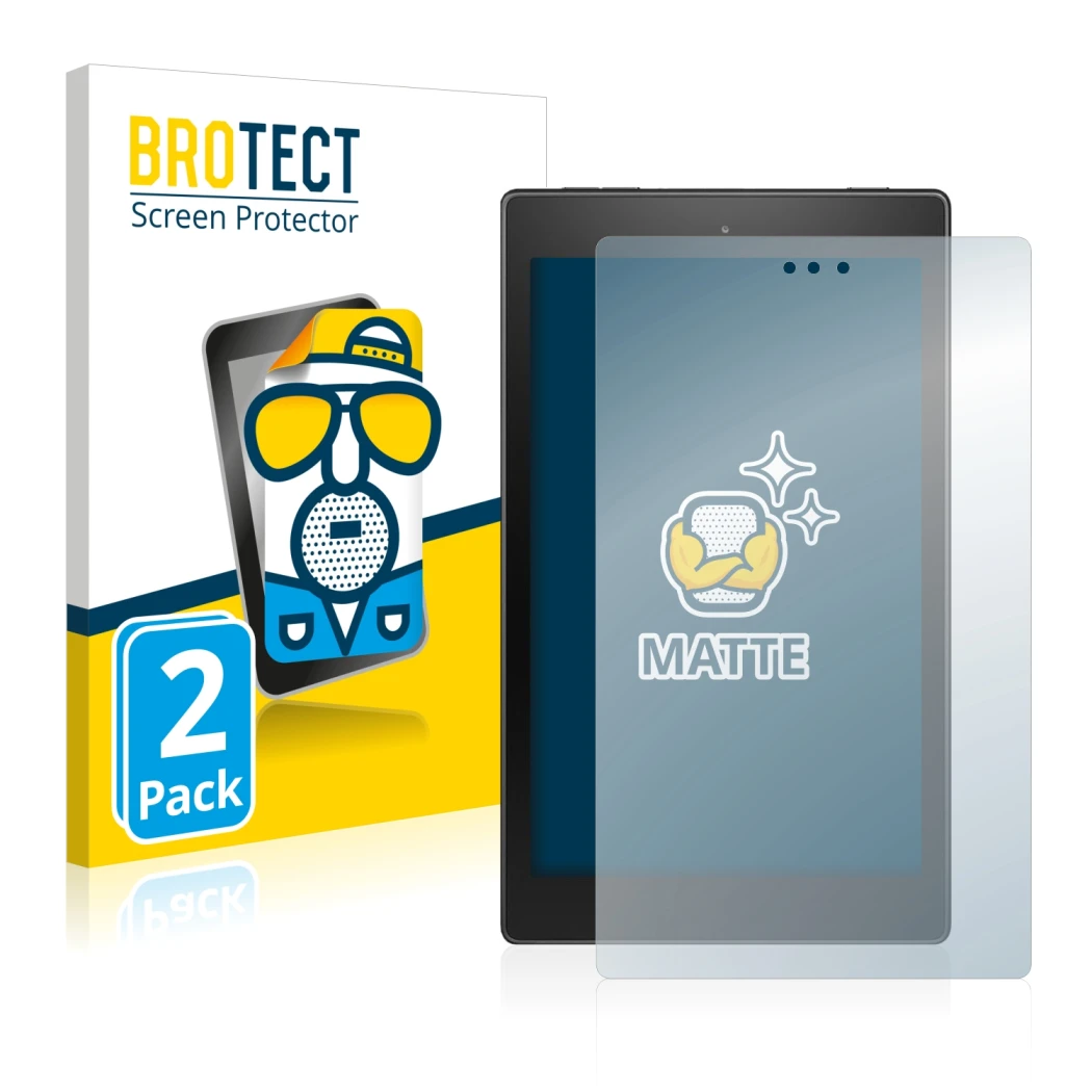 Vorderseite einer Produktverpackung mit dem Markenlogo BROTECT. Daneben ist das Gerät Amazon Fire HD 8 2018 (8. Gen.) mit dem 