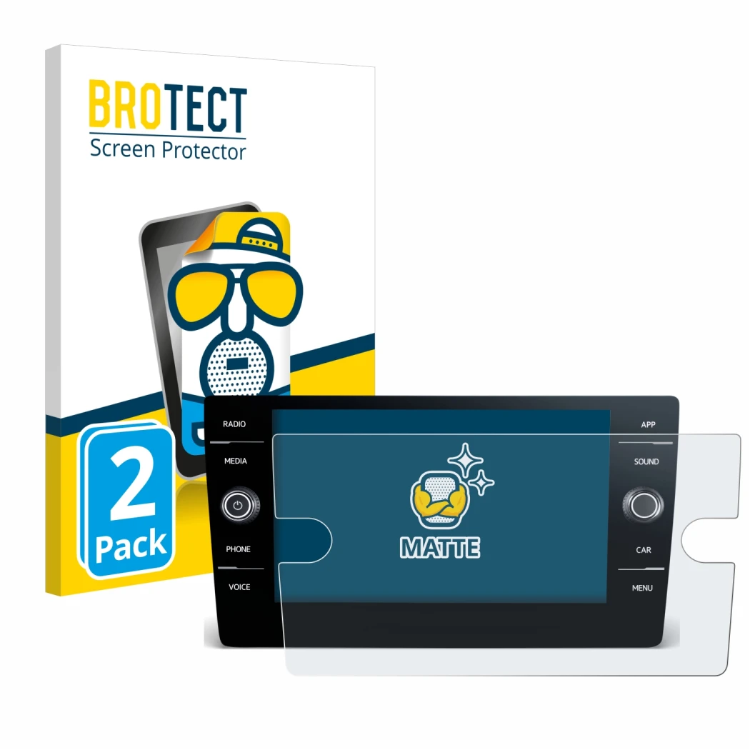 Vorderseite einer Produktverpackung mit dem Markenlogo BROTECT. Daneben ist das Gerät Volkswagen T-Roc 2017-2019 Discover Medi