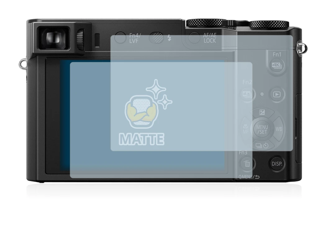 Abbildung des Geräts Panasonic Lumix DMC-TZ100 mit einer Vielzahl des Displayschutzes.