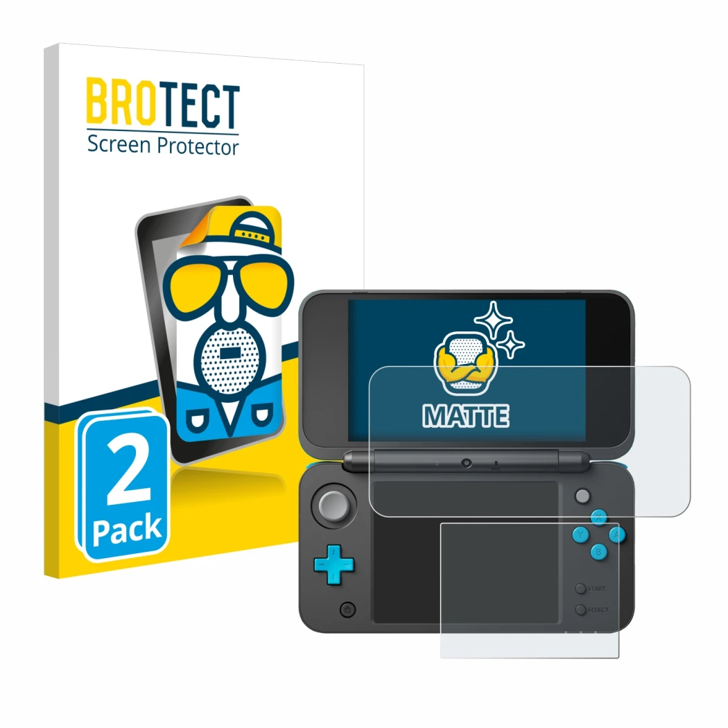 Vorderseite einer Produktverpackung mit dem Markenlogo BROTECT. Daneben ist das Gerät New Nintendo 2DS XL mit dem zugehörigen 