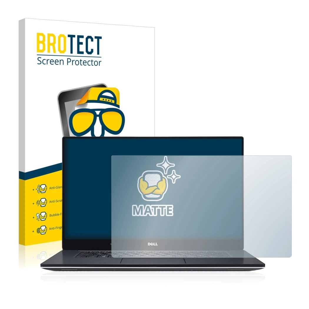 Vorderseite einer Produktverpackung mit dem Markenlogo BROTECT. Daneben ist das Gerät Dell XPS 15 9560 mit dem zugehörigen Dis