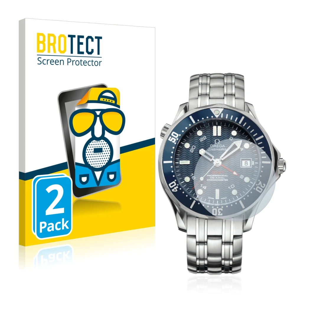 Vorderseite einer Produktverpackung mit dem Markenlogo BROTECT. Daneben ist das Gerät Omega Seamaster Diver (41 mm) mit dem zu